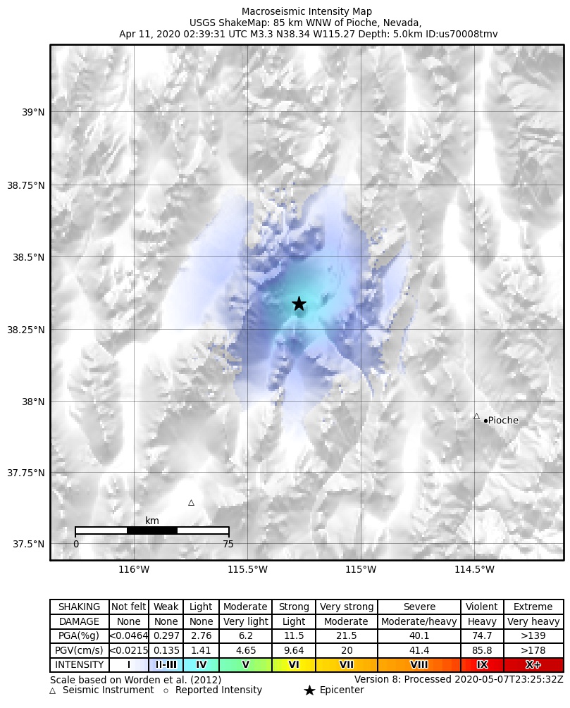 USGS ShakeMap: estimated shaking intensity around the epicenter