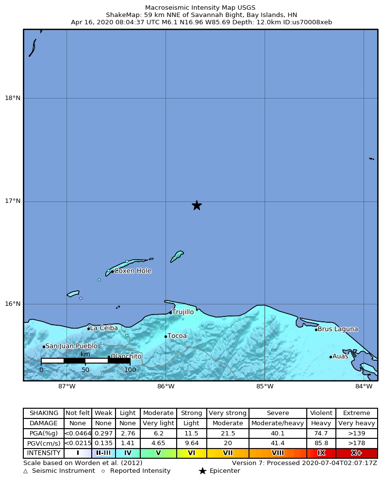 USGS ShakeMap: estimated shaking intensity around the epicenter