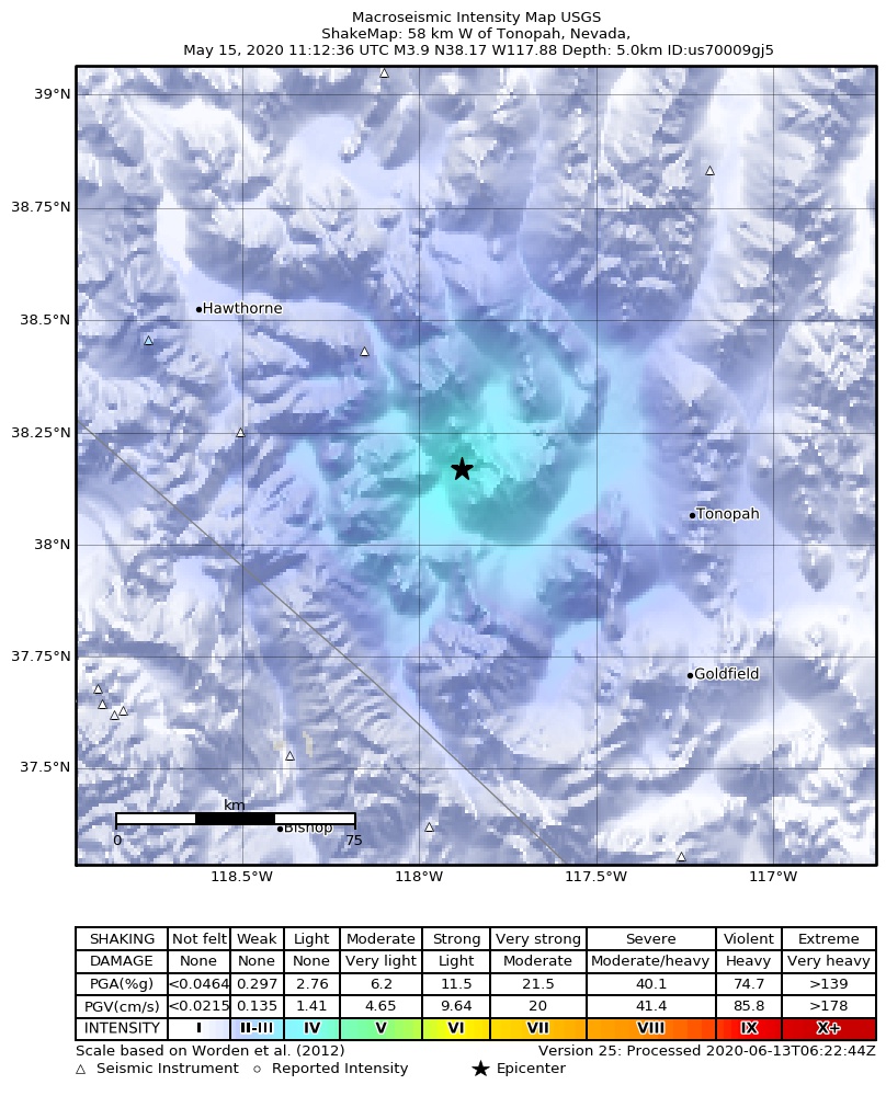 USGS ShakeMap: estimated shaking intensity around the epicenter