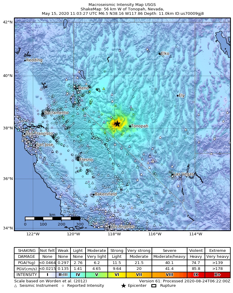 USGS ShakeMap: estimated shaking intensity around the epicenter
