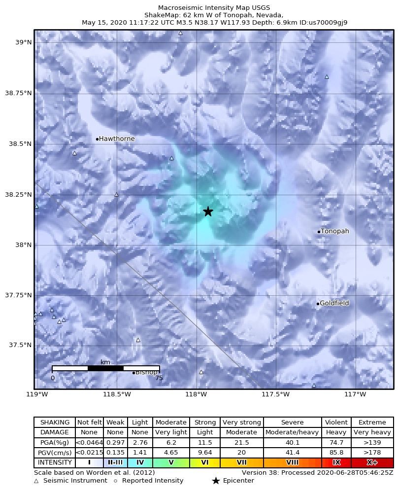 USGS ShakeMap: estimated shaking intensity around the epicenter