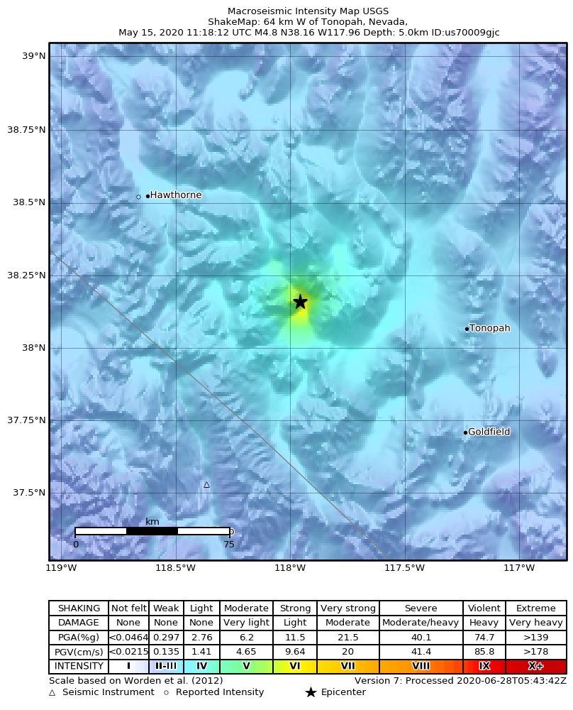 USGS ShakeMap: estimated shaking intensity around the epicenter