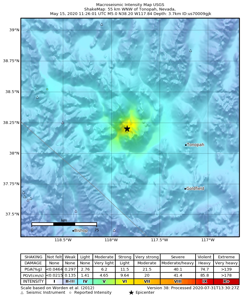 USGS ShakeMap: estimated shaking intensity around the epicenter