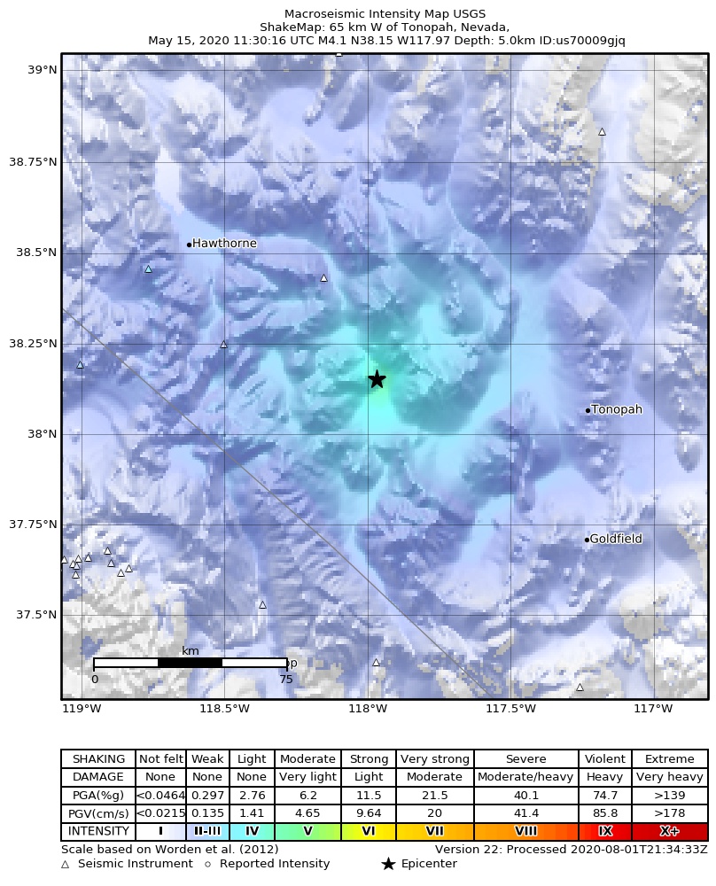 USGS ShakeMap: estimated shaking intensity around the epicenter