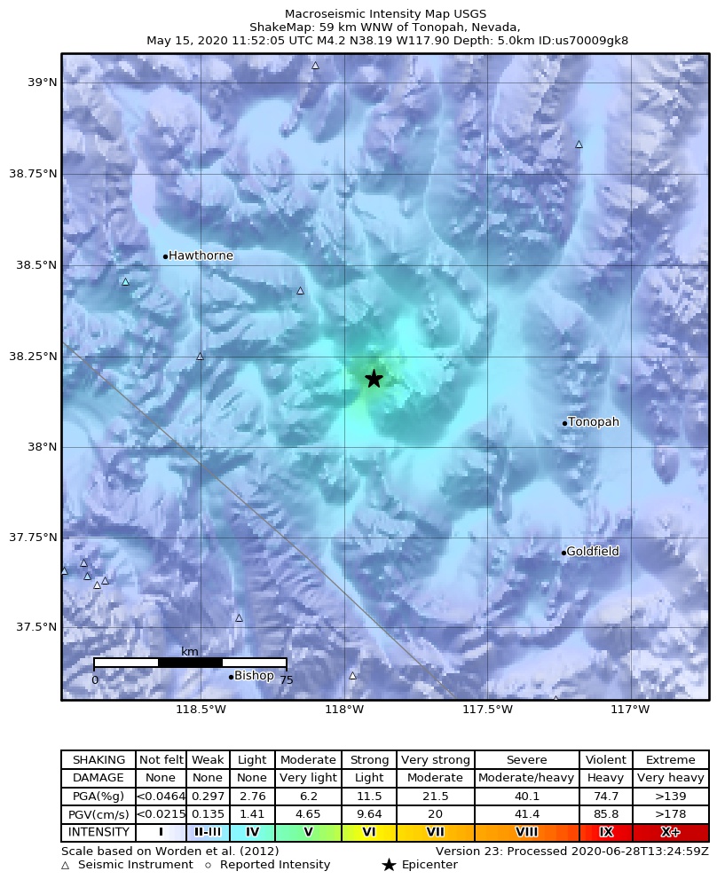 USGS ShakeMap: estimated shaking intensity around the epicenter