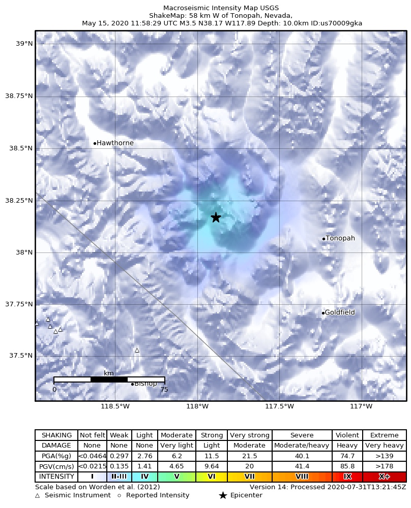 USGS ShakeMap: estimated shaking intensity around the epicenter