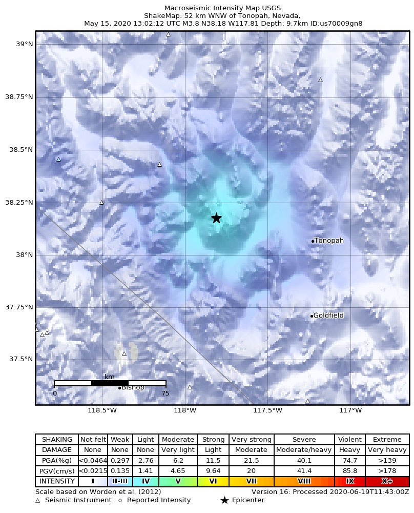USGS ShakeMap: estimated shaking intensity around the epicenter