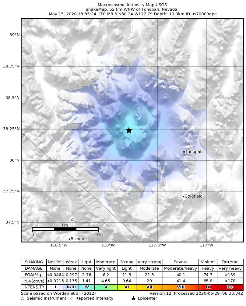USGS ShakeMap: estimated shaking intensity around the epicenter
