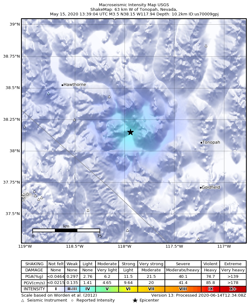 USGS ShakeMap: estimated shaking intensity around the epicenter