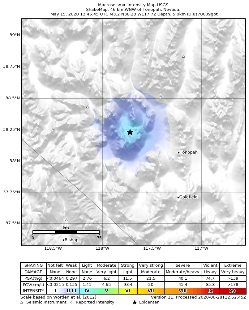 USGS ShakeMap: estimated shaking intensity around the epicenter