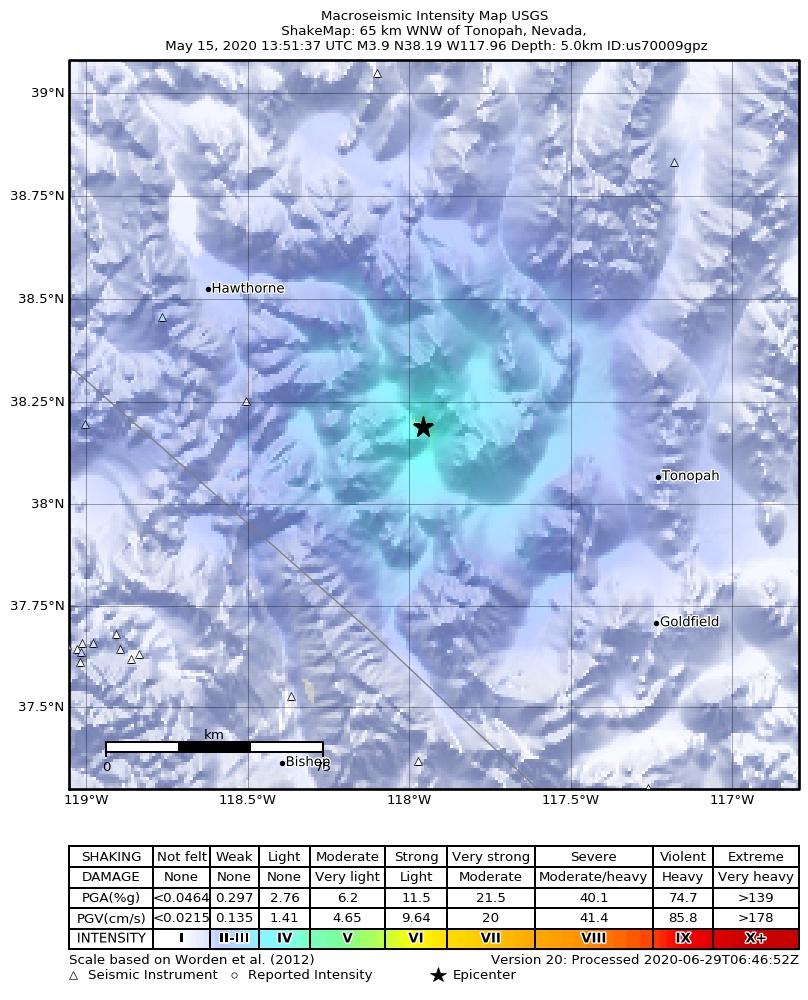 USGS ShakeMap: estimated shaking intensity around the epicenter