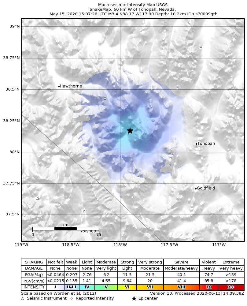 USGS ShakeMap: estimated shaking intensity around the epicenter
