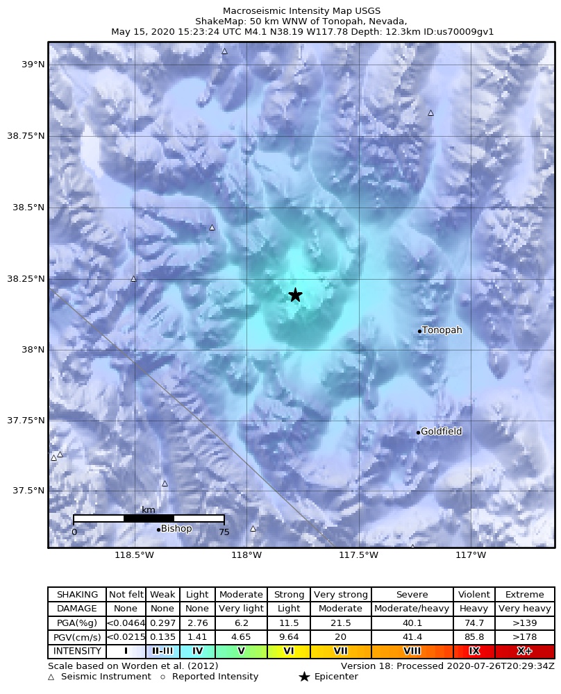 USGS ShakeMap: estimated shaking intensity around the epicenter