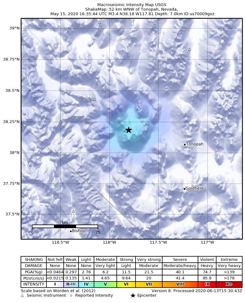 USGS ShakeMap: estimated shaking intensity around the epicenter