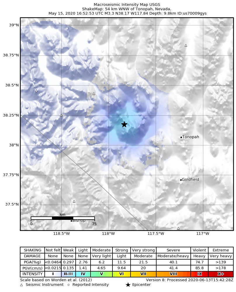 USGS ShakeMap: estimated shaking intensity around the epicenter