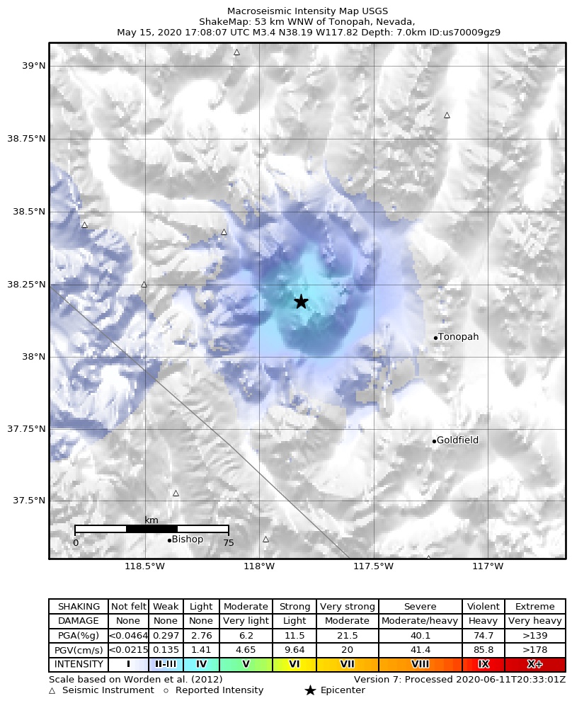 USGS ShakeMap: estimated shaking intensity around the epicenter