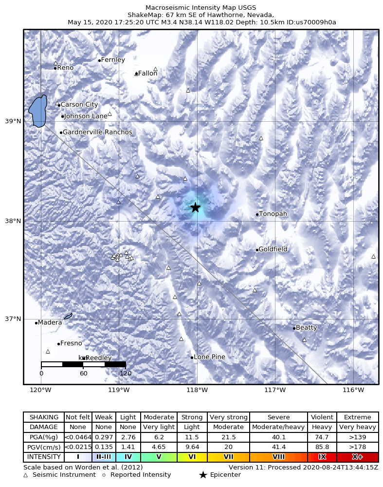 USGS ShakeMap: estimated shaking intensity around the epicenter