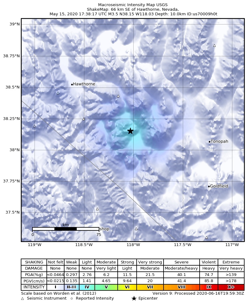 USGS ShakeMap: estimated shaking intensity around the epicenter