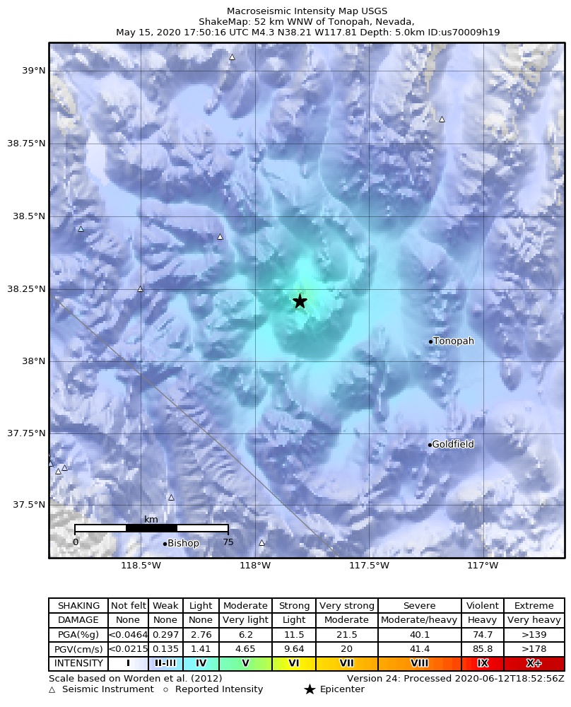 USGS ShakeMap: estimated shaking intensity around the epicenter