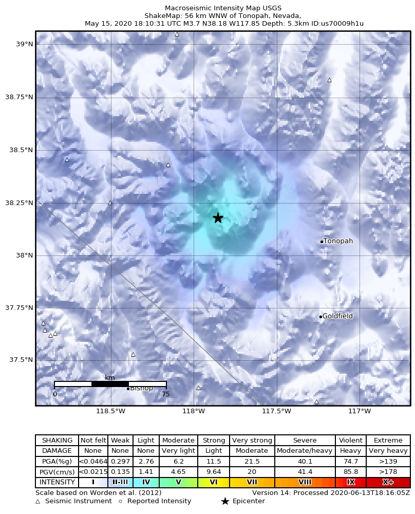USGS ShakeMap: estimated shaking intensity around the epicenter
