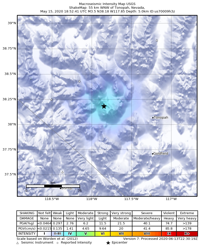 USGS ShakeMap: estimated shaking intensity around the epicenter