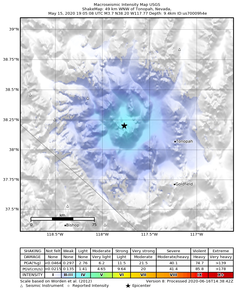 USGS ShakeMap: estimated shaking intensity around the epicenter