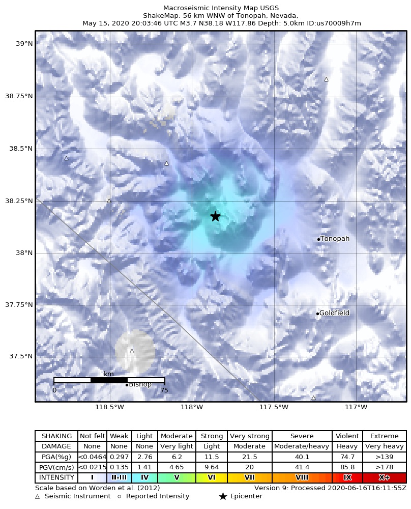USGS ShakeMap: estimated shaking intensity around the epicenter