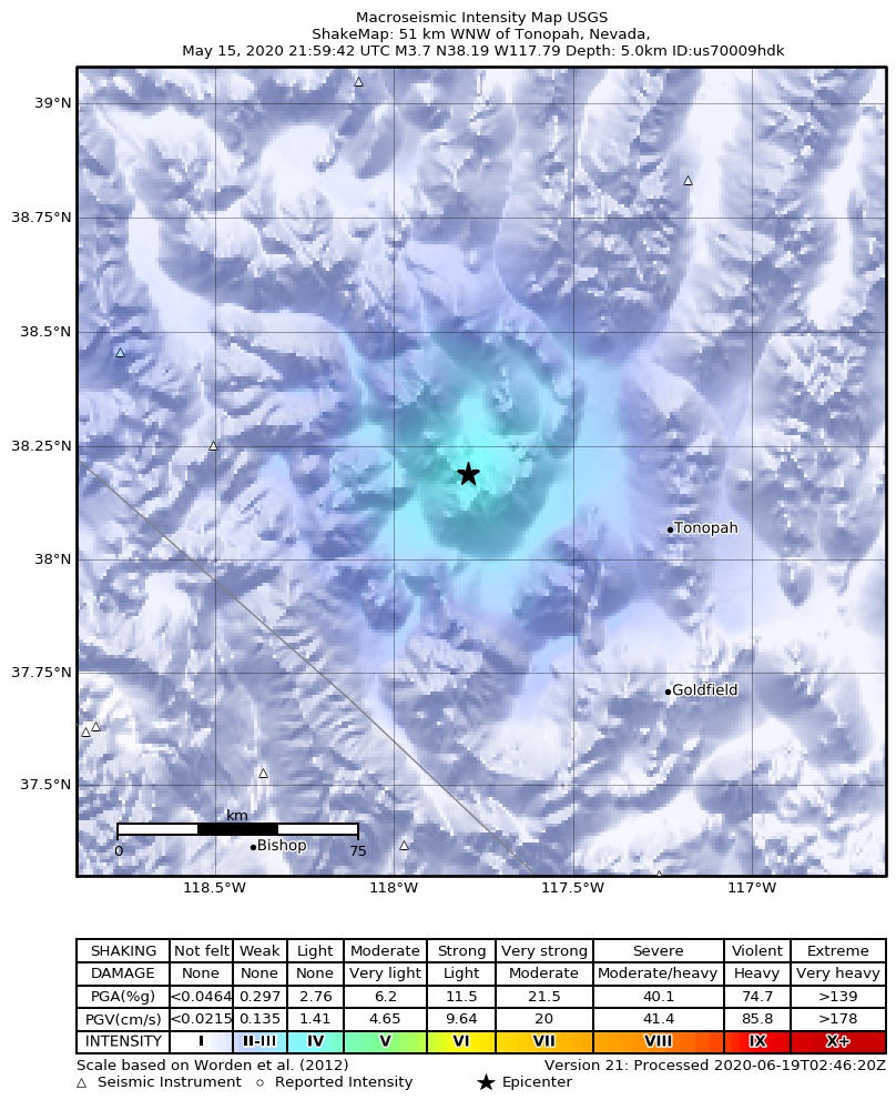 USGS ShakeMap: estimated shaking intensity around the epicenter