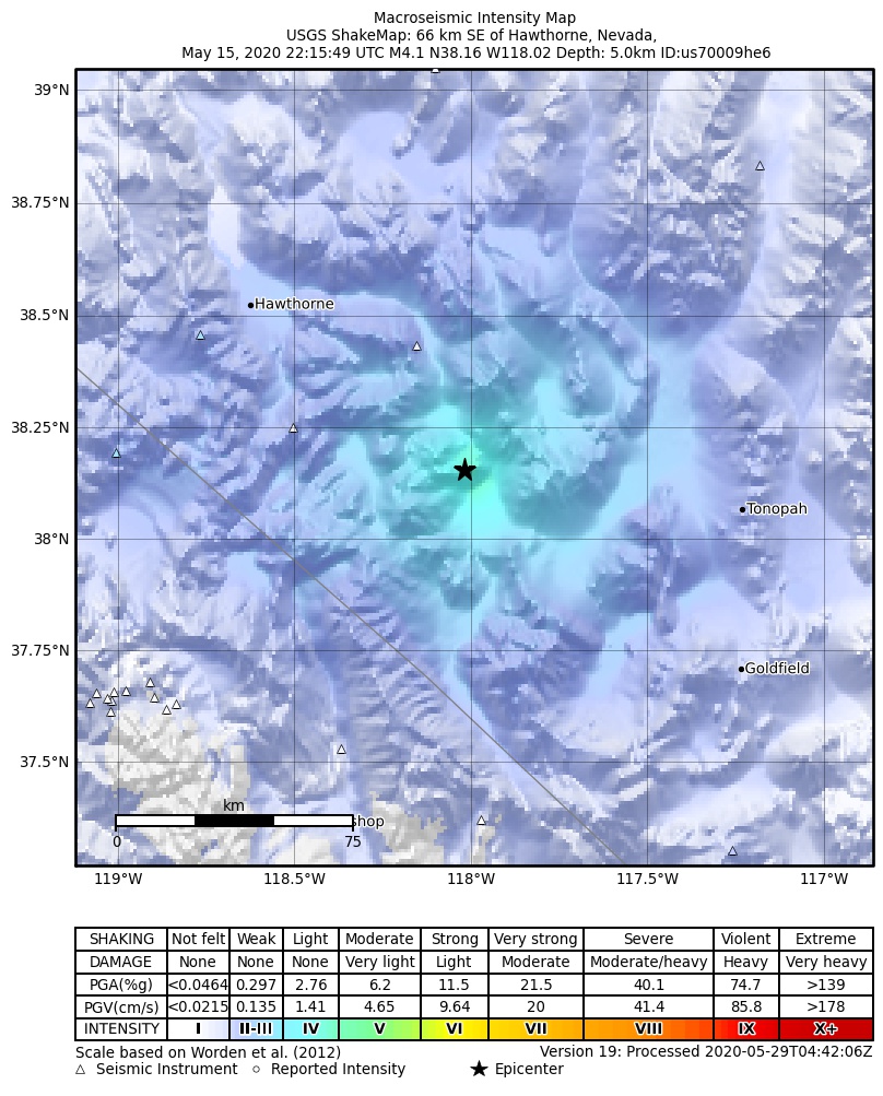 USGS ShakeMap: estimated shaking intensity around the epicenter