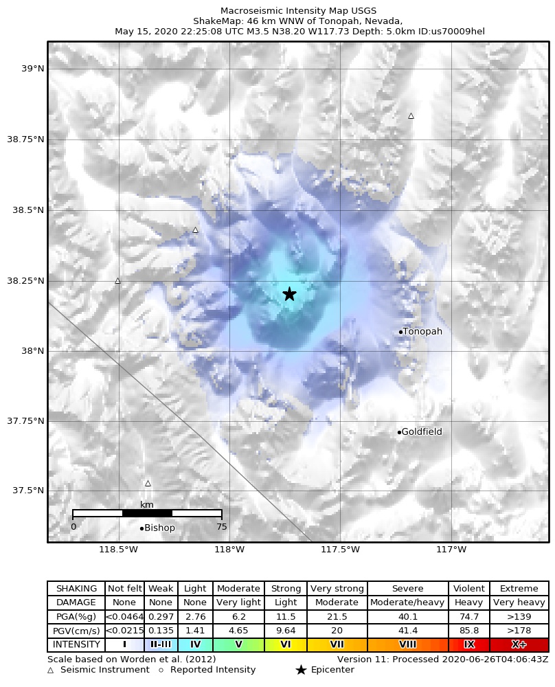 USGS ShakeMap: estimated shaking intensity around the epicenter
