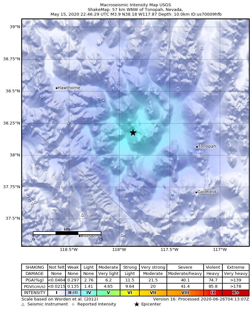 USGS ShakeMap: estimated shaking intensity around the epicenter