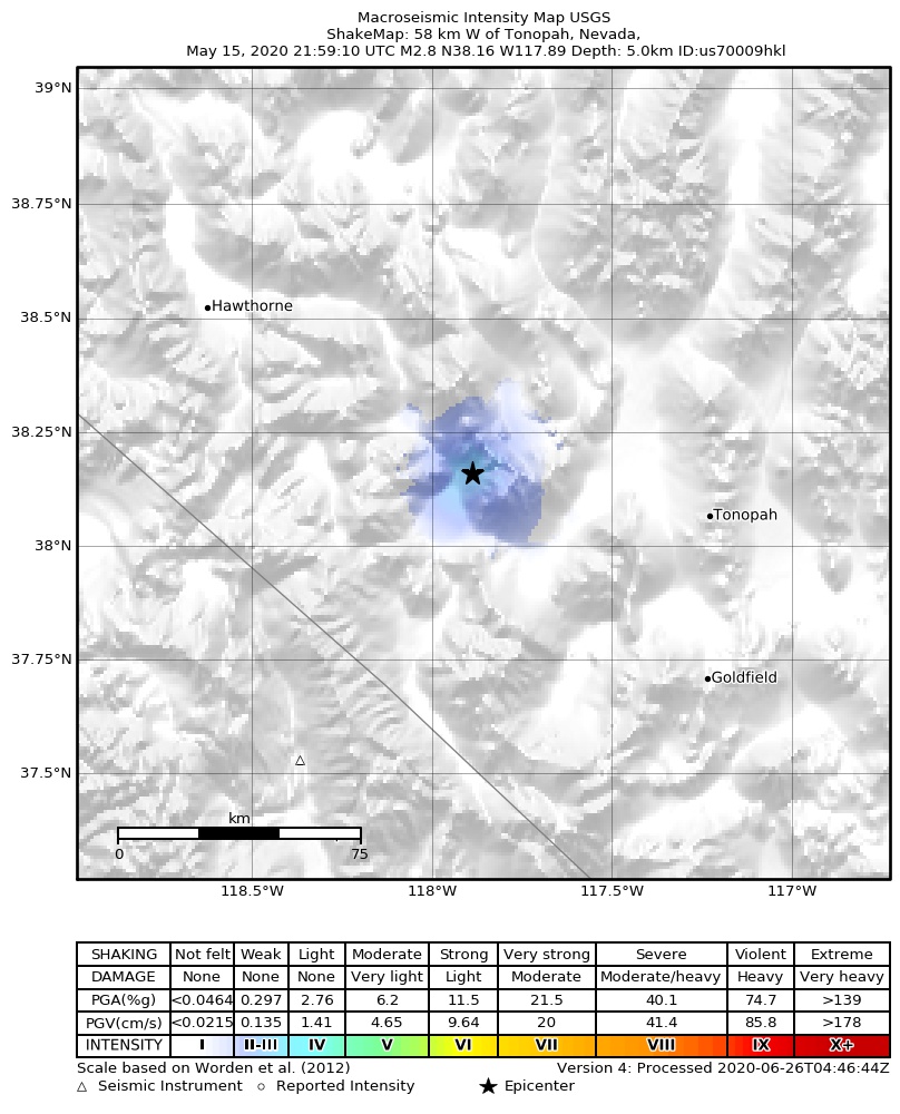 USGS ShakeMap: estimated shaking intensity around the epicenter