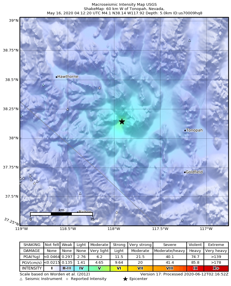USGS ShakeMap: estimated shaking intensity around the epicenter