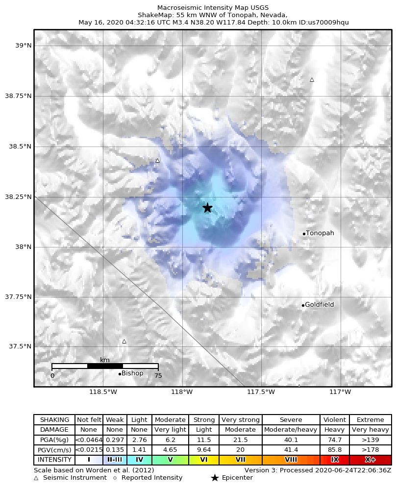 USGS ShakeMap: estimated shaking intensity around the epicenter