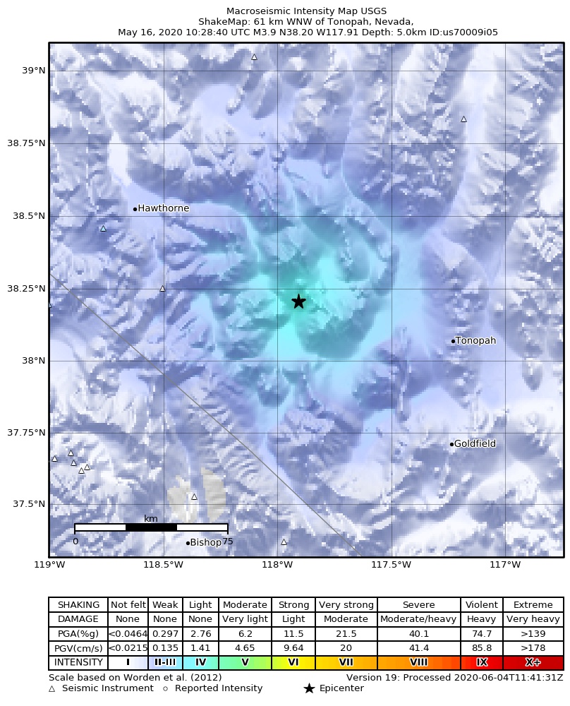 USGS ShakeMap: estimated shaking intensity around the epicenter