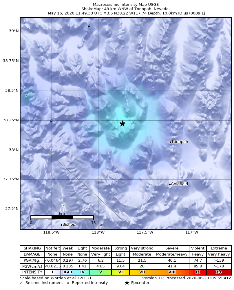 USGS ShakeMap: estimated shaking intensity around the epicenter