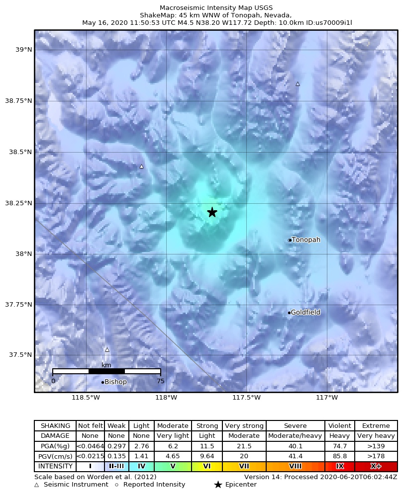USGS ShakeMap: estimated shaking intensity around the epicenter
