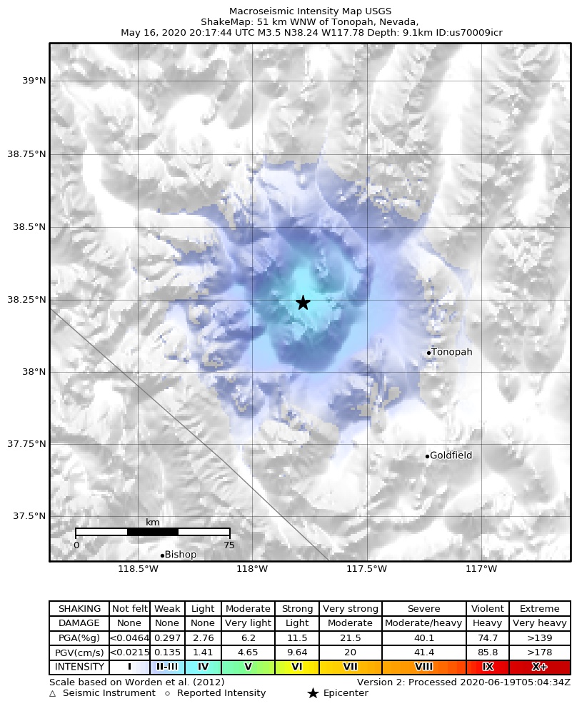 USGS ShakeMap: estimated shaking intensity around the epicenter