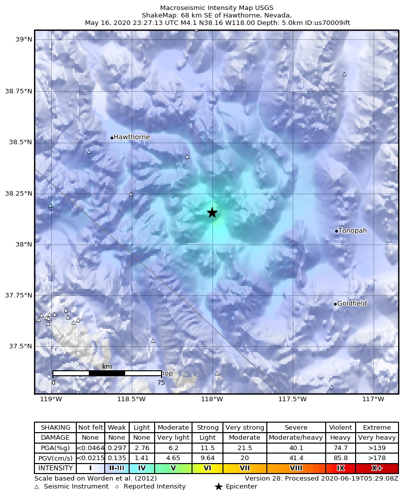 USGS ShakeMap: estimated shaking intensity around the epicenter
