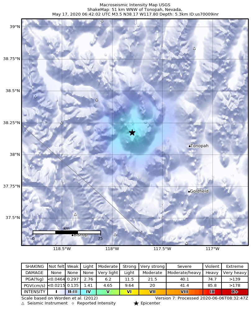 USGS ShakeMap: estimated shaking intensity around the epicenter