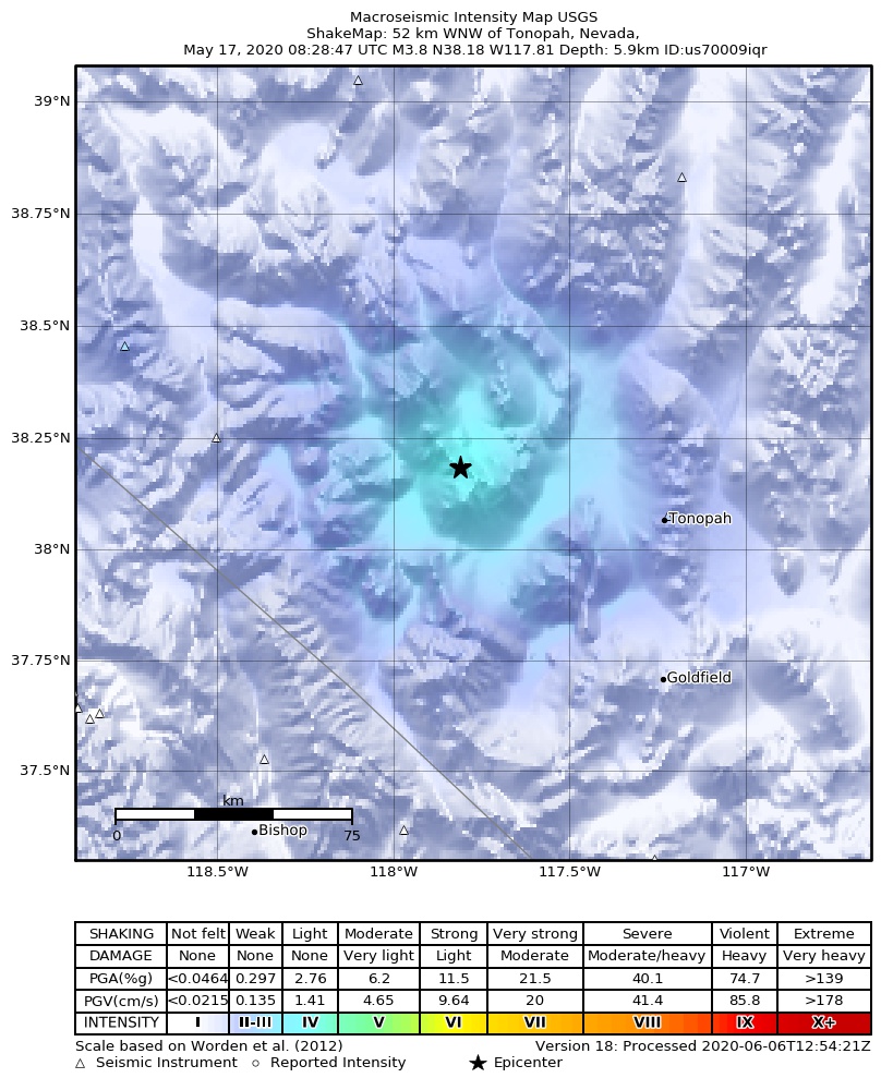 USGS ShakeMap: estimated shaking intensity around the epicenter