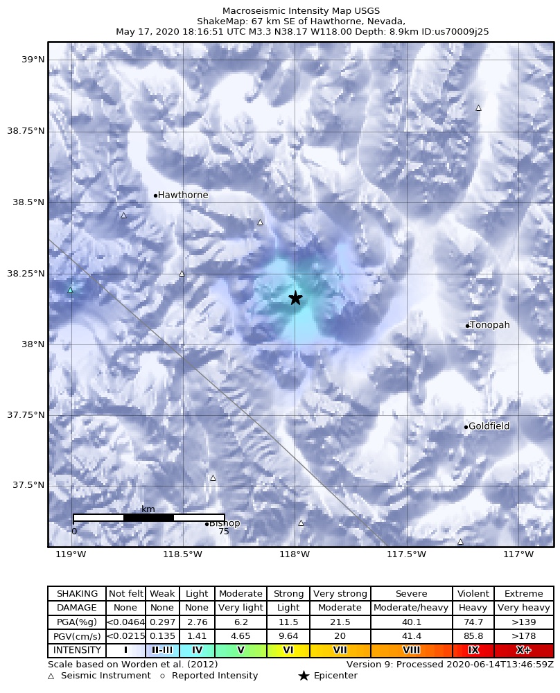 USGS ShakeMap: estimated shaking intensity around the epicenter