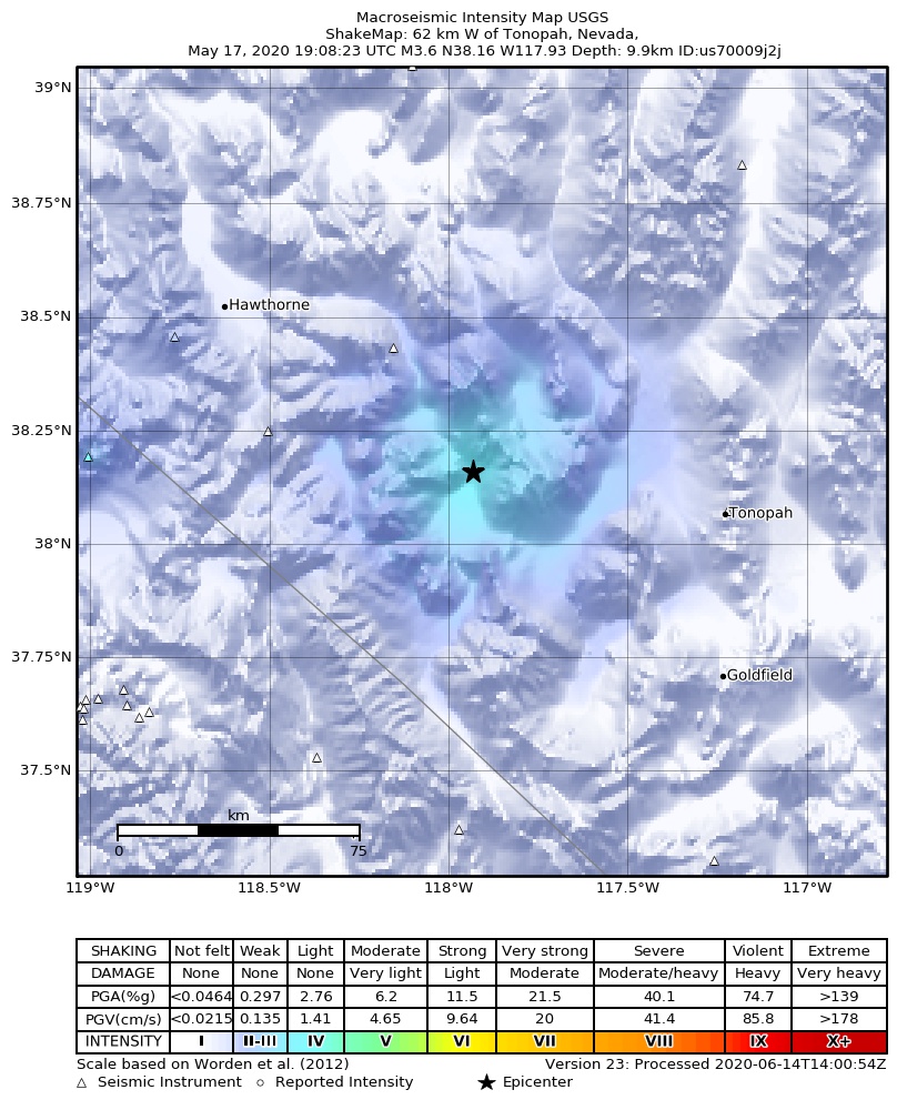 USGS ShakeMap: estimated shaking intensity around the epicenter
