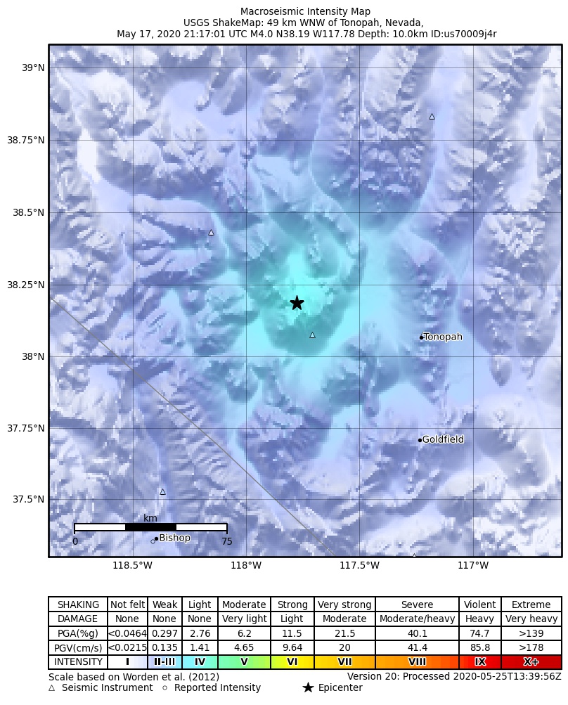 USGS ShakeMap: estimated shaking intensity around the epicenter
