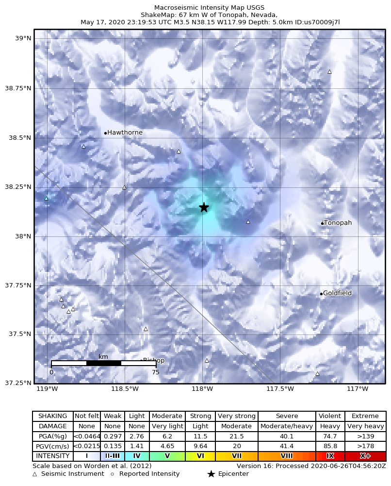 USGS ShakeMap: estimated shaking intensity around the epicenter