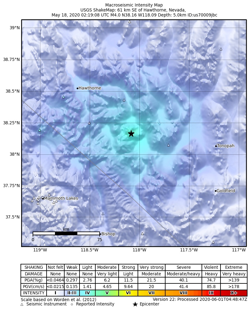USGS ShakeMap: estimated shaking intensity around the epicenter