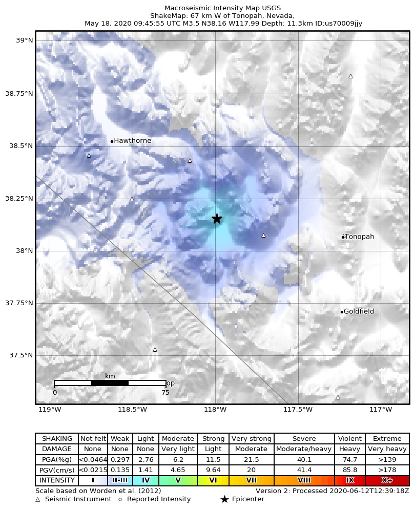 USGS ShakeMap: estimated shaking intensity around the epicenter