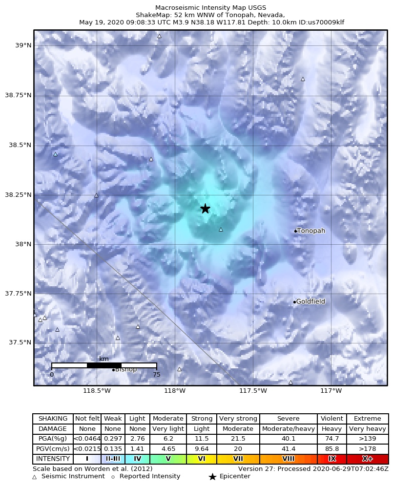 USGS ShakeMap: estimated shaking intensity around the epicenter