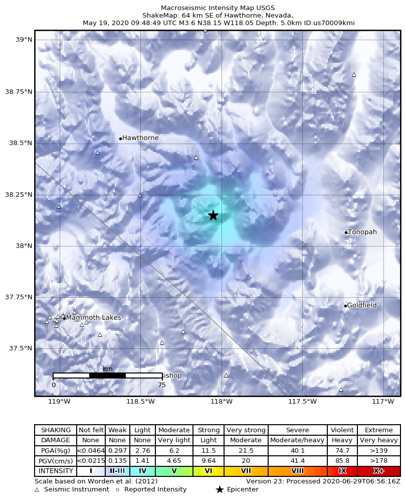 USGS ShakeMap: estimated shaking intensity around the epicenter