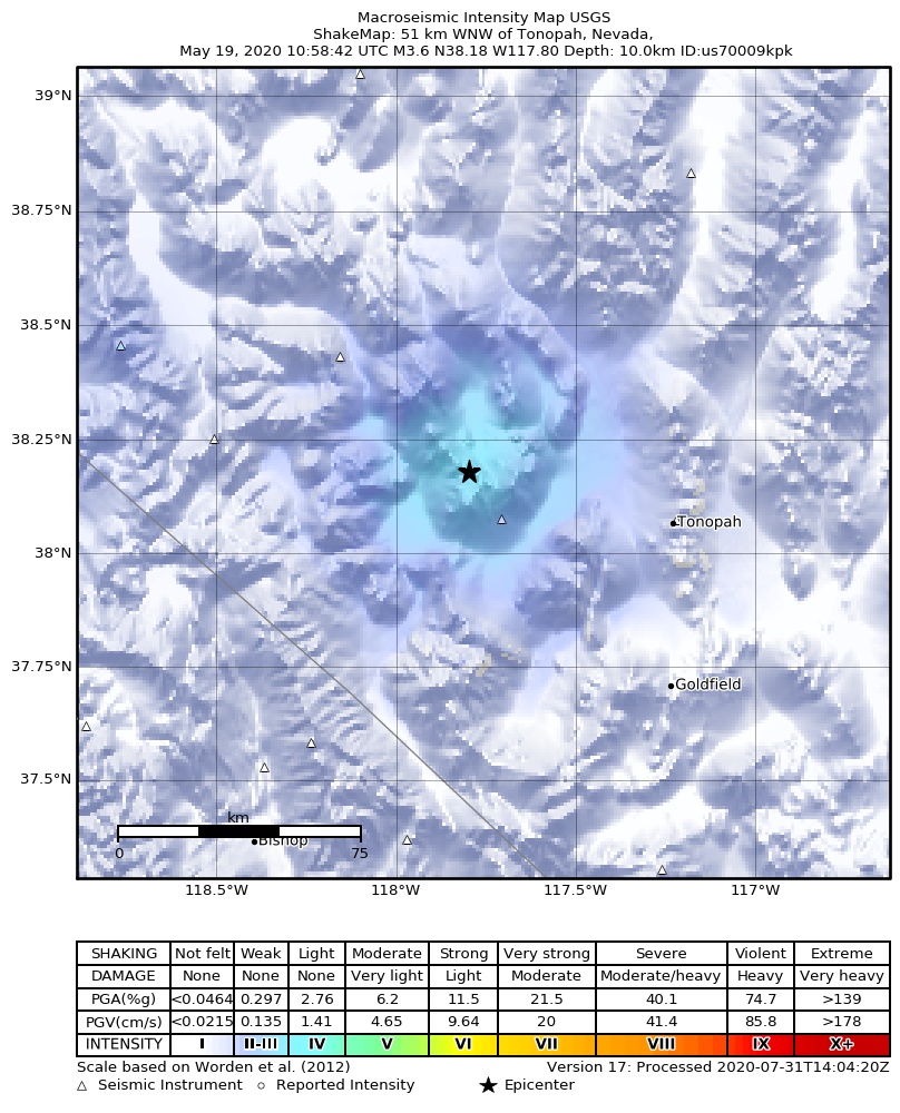 USGS ShakeMap: estimated shaking intensity around the epicenter